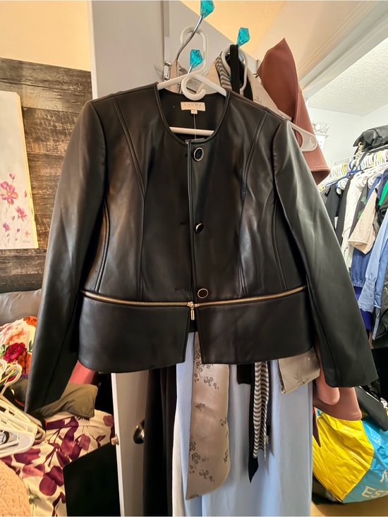 Laura Jackets & Blazers - Faux Leather Black Bomber Jacket with Gold Zipper